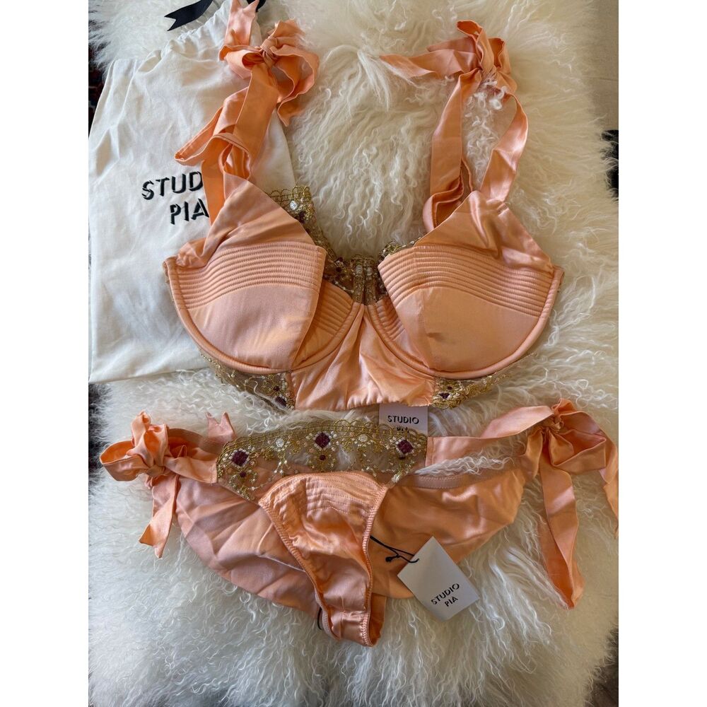 Studio Pia Adela Coral 100% Silk Bra & Brief Set 34G/36F/38E M NWT Rare